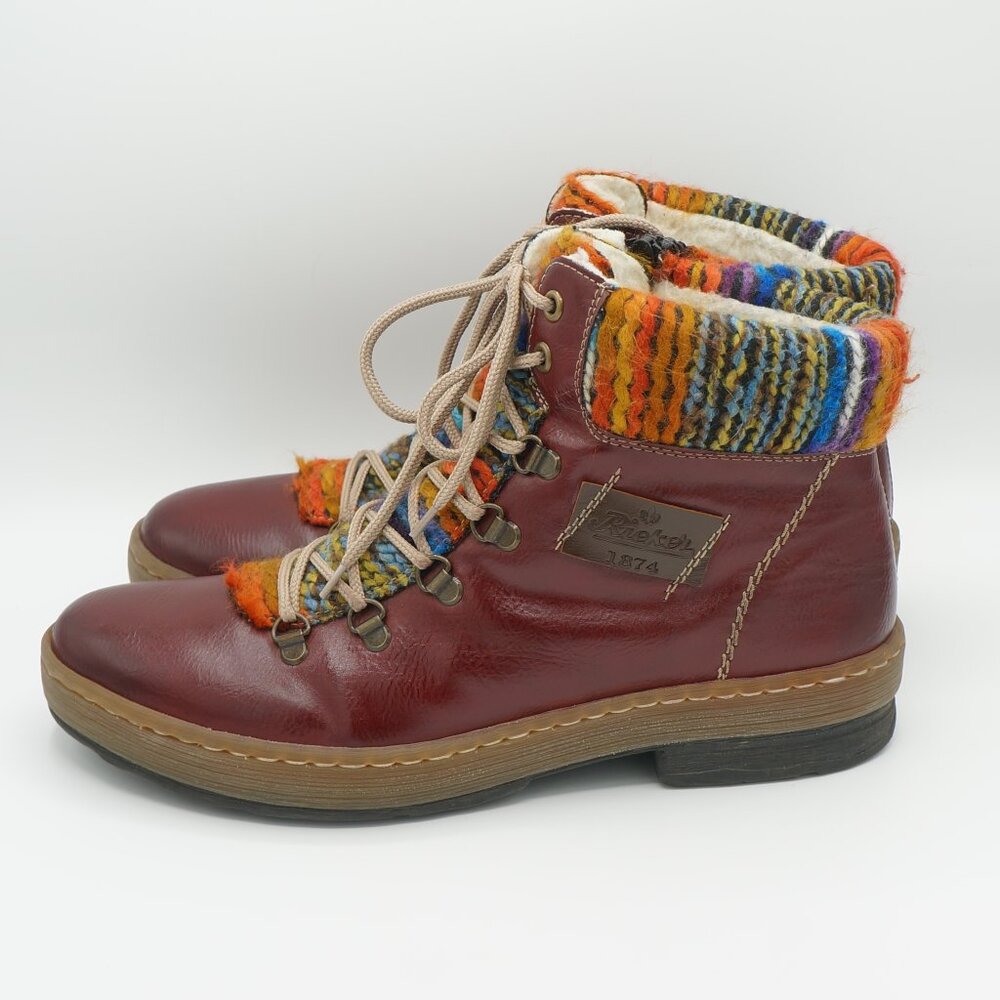 Rieker Felicitas Oxblood Leather Knit Collar Lace-Up Boots - EU 42 / US 10-10.5 - Picture 2 of 10